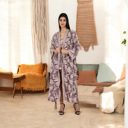 Silk Sari Women Kimono Cami Set | One Size Purple Ivory Floral Flowy Gown