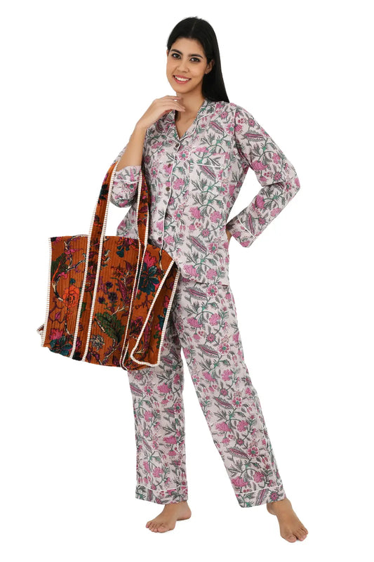 Cotton Women Pajama Set Comfortable Nightwear Summer PJ Set Nude Pink Floral Print