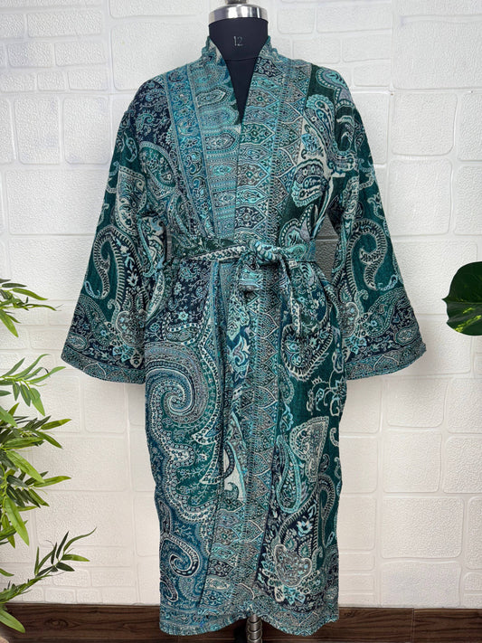 Handmade Merino Wool Kimono Robe: Paisley Floral Green Jacket