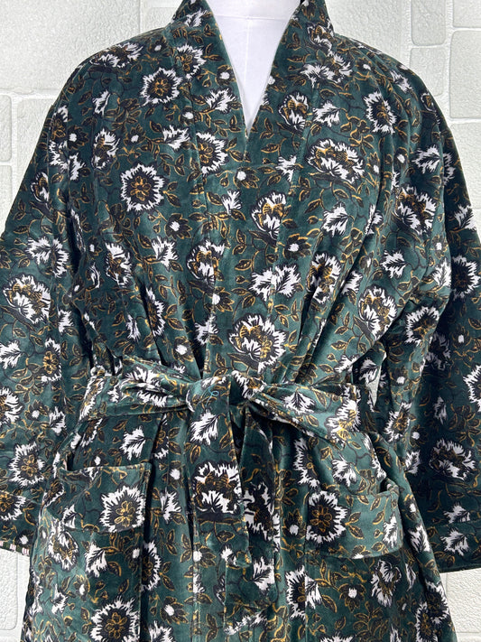 Luxury Velvet Kimono Unisex House Robe | Boho Jacket Autumn Winter Christmas Gift Elegant Reversible Cotton Lined | Quirky Gown Green Floral