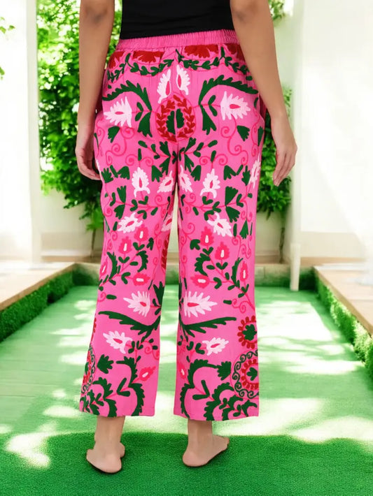 Boho Harem Pants Gift for Her – Handmade Embroidered Suzani Festival Pants, Boho Hippie Lounge Pajamas with Pockets, Unique Floral Yoga Pant