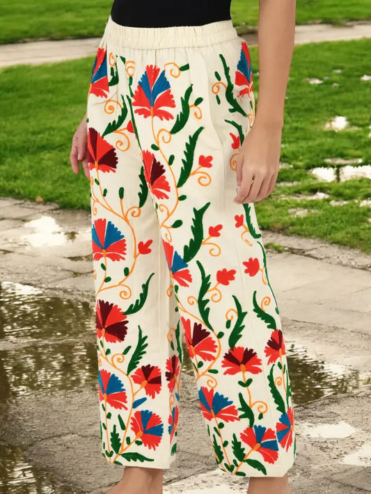 Boho Hippi Handmade Suzani Embroidered Pockets Trouser Comfy Fit Casual Wear Elastic Waist | Floral