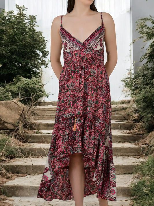 Boho Silk Dress for Women, Open Back Floral High Low Maxi, Luxury Gypsy Flowy Outfit, Bridesmaid Gift, Festival Wear Beachwear, Gift for Her