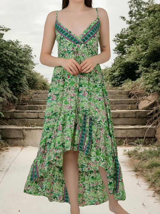 Boho Silk Dress for Women, Open Back Floral High Low Maxi, Luxury Gypsy Flowy Outfit, Bridesmaid Gift, Festival Wear Beachwear, Gift for Her