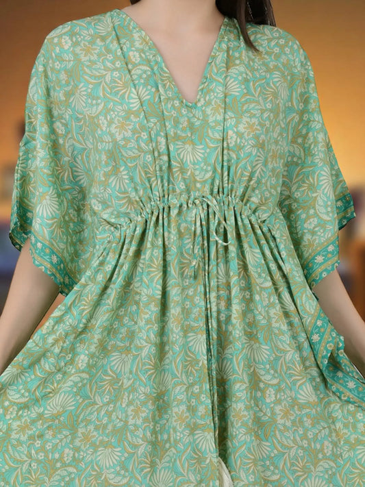 Women's Silk Blend Short Kaftan, Boho Chic Summer Dressing Gown, Boheme Beach Coverup, Loose Fit Mini Dress, Luxury Lounge Wear Gift for Her-blue-geometrical-print-Mint-Green-Floral-Print