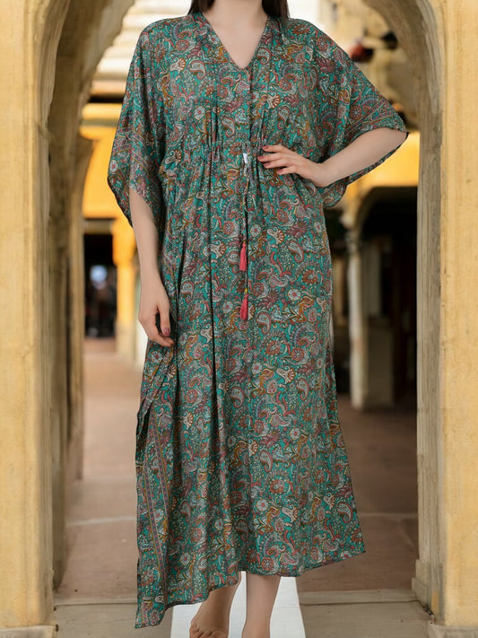 Women Silk Kaftan | Teal Green Paisley Caftan #1624
