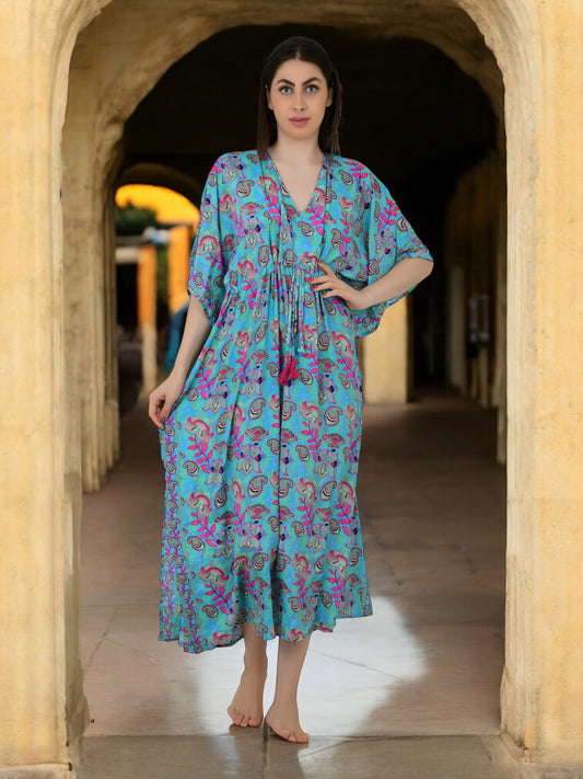 Silk Long Kaftan | Blue Pink Floral Caftan #1627