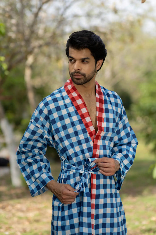 Pure Cotton Boho Mens Kimono Robe, Geometric Japan Haori, Breathable Bathrobe Men Dressing Gown Summer Relaxed Fit Loungewear, Beach Coverup