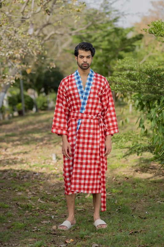Pure Cotton Boho Mens Kimono Robe, Geometric Japan Haori, Breathable Bathrobe Men Dressing Gown Summer Relaxed Fit Loungewear, Beach Coverup