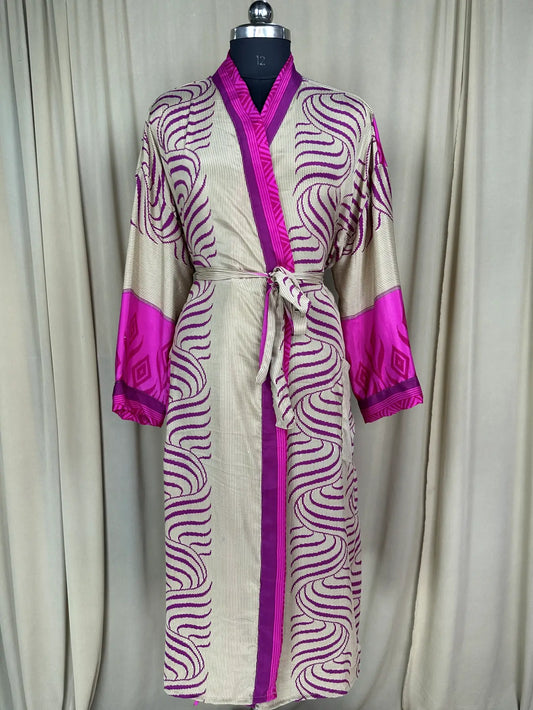 Recycle Silk Sari Women Kimono, Boho Chic Beach Cover Up Vintage Lounge Dressing Robe l Resort Wear Regal Gypsy House Robe Beige Geometric