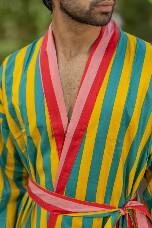 Pure Cotton Boho Men Kimono Robe | Geometric Luxury Dressing Gown Summer Loungewear, Reversible Unisex Bathrobe Relaxed Fit Beach Outfit