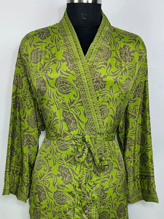 Recycle Silk Sari Women Kimono | Boho Chic Robe House | Beach Cover Up Vintage Bridesmaid Lounge Dressing Gown l Resort Wear Gypsy Nightwear