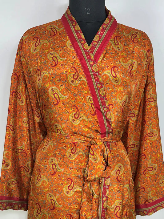 Recycle Silk Sari Women Kimono | Boho Chic Robe House | Beach Cover Up Vintage Bridesmaid Lounge Dressing Gown l Resort Wear Gypsy Nightwear