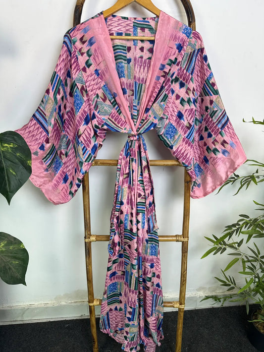 Upcycle Boho Silk Long Women kimono, Boho Chic Robe House Beach Cover Up Vintage Bridesmaid Lounge Dressing Gown Resort Wear Gypsy Nightwear