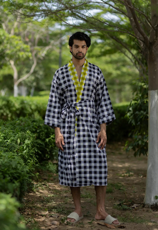 Pure Cotton Boho Men Kimono Robe | Geometric Luxury Dressing Gown Summer Loungewear, Breathable Unisex Bathrobe Relaxed Fit Beach Outfit