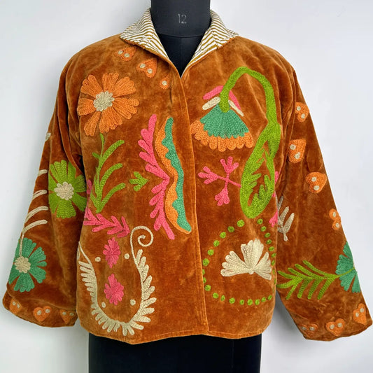 Boho Hand Embroidered Velvet Suzani Jacket, Brown Floral Open Front Coat Winter Wear Free Size Robe Retro Chic Free Size Robe Blazer for Her