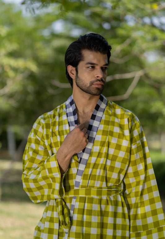 Pure Cotton Boho Men Kimono Robe | Geometric Luxury Dressing Gown Summer Loungewear, Breathable Unisex Bathrobe Relaxed Fit Beach Outfit