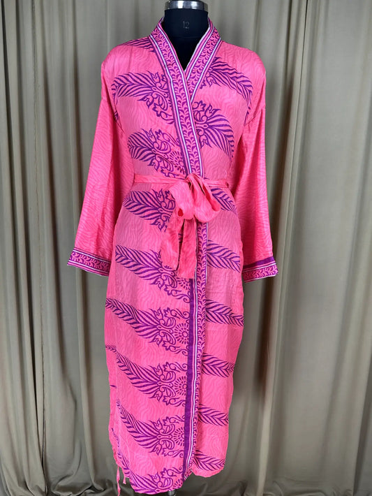 Recycle Silk Sari Women Kimono | Boho Chic Beach Cover Up Vintage Lounge Dressing Robe l Resort Wear Regal Gypsy House Robe | Pink Floral