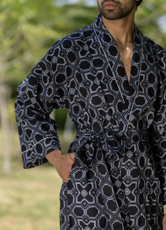 Pure Cotton Boho Men Kimono Robe | Geometric Luxury Dressing Gown Summer Loungewear, Onesie Unisex Bathrobe Relax Fit Beach Outfit Cardigan