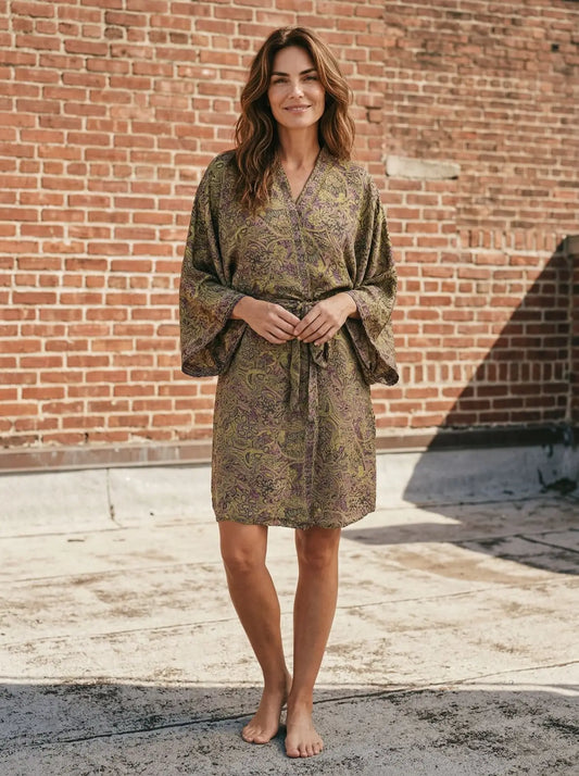 Vintage Silk Sari Boho Kimono | Luxury Loungewear House Robe Flowy Gown, Regal Floral Romance Duster Beach CoverUp, Bridesmaid Dressing Gown