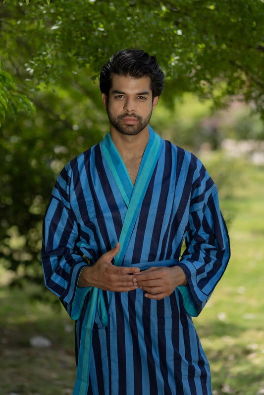 Pure Cotton Boho Men Kimono Robe | Geometric Luxury Dressing Gown Summer Loungewear, Reversible Unisex Bathrobe Relaxed Fit Beach Outfit