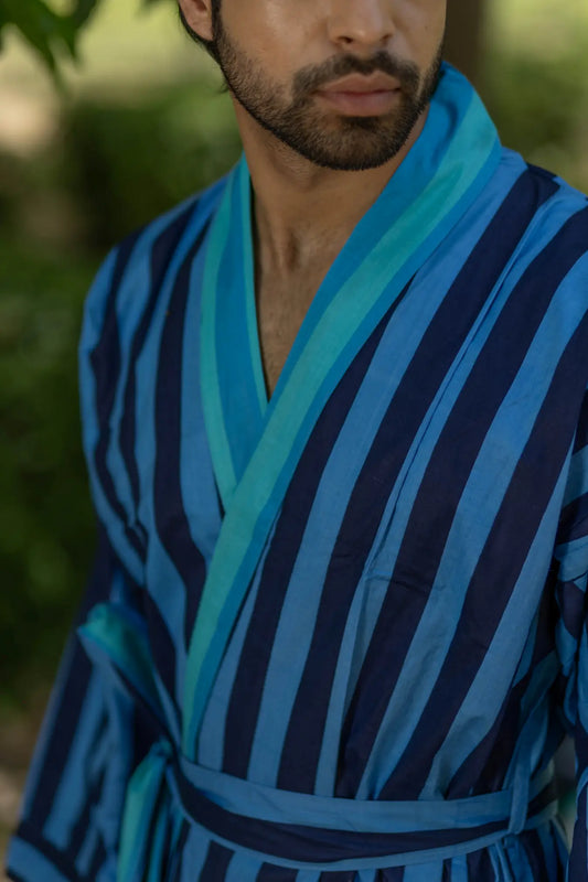 Pure Cotton Boho Men Kimono Robe | Geometric Luxury Dressing Gown Summer Loungewear, Reversible Unisex Bathrobe Relaxed Fit Beach Outfit