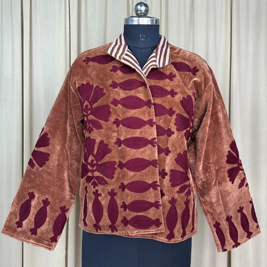 Boho Hand Embroidered Velvet Suzani Jacket Brown Floral Open Front Coat Winter Wear Free Size Robe Retro Chic Free Size Robe Blazer for Her