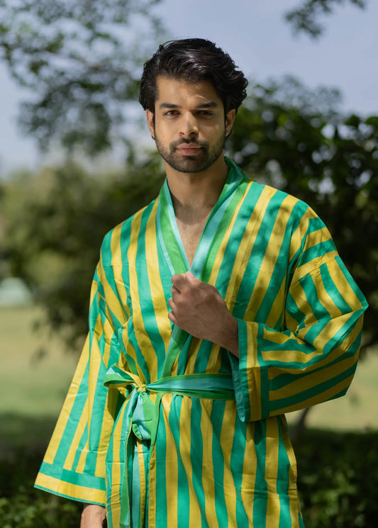 Pure Cotton Boho Men Kimono Robe | Geometric Luxury Dressing Gown Summer Loungewear, Reversible Unisex Bathrobe Relaxed Fit Beach Outfit