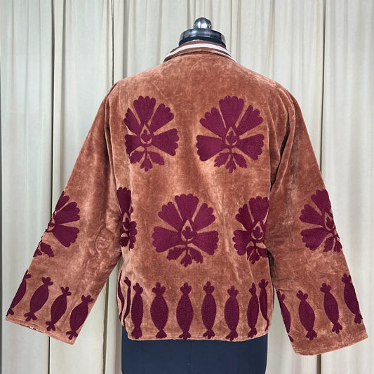 Boho Hand Embroidered Velvet Suzani Jacket Brown Floral Open Front Coat Winter Wear Free Size Robe Retro Chic Free Size Robe Blazer for Her