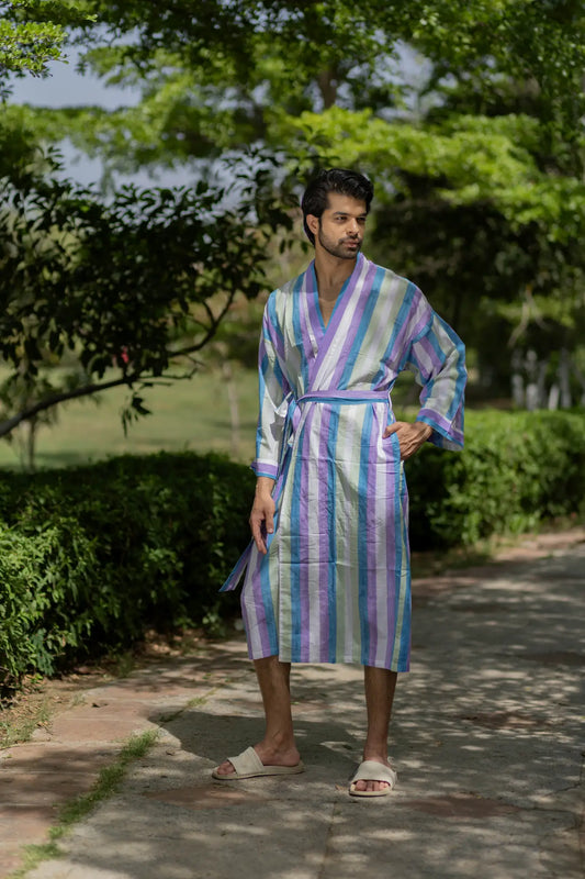Pure Cotton Boho Men Kimono Robe | Geometric Luxury Dressing Gown Summer Loungewear, Onesie Unisex Bathrobe Relax Fit Beach Outfit Cardigan