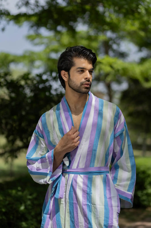 Pure Cotton Boho Men Kimono Robe | Geometric Luxury Dressing Gown Summer Loungewear, Onesie Unisex Bathrobe Relax Fit Beach Outfit Cardigan