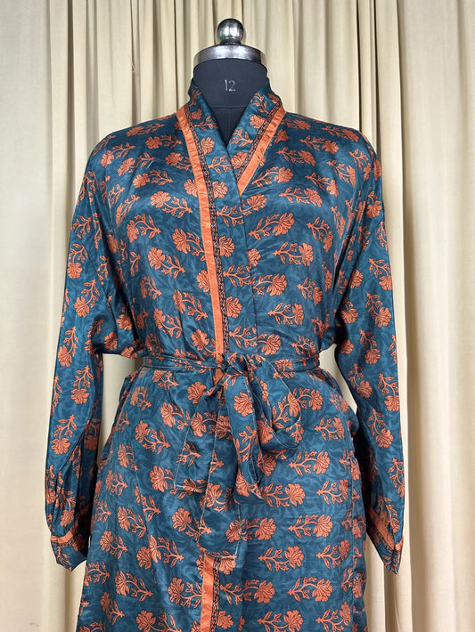 Recycle Silk Sari Women Kimono | Boho Chic Beach Cover Up Vintage Lounge Dressing Robe l Resort Wear Regal Gypsy House Robe | Blue Floral