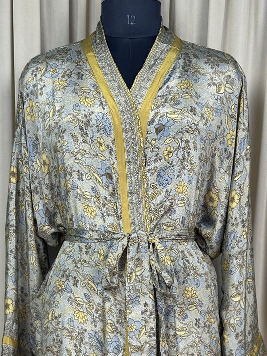 Recycle Silk Sari Women Kimono | Boho Chic Beach Cover Up Vintage Lounge Dressing Robe l Resort Wear Regal Gypsy House Robe | Yellow Floral