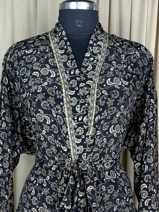 Recycle Silk Sari Women Kimono | Boho Chic Beach Cover Up Vintage Lounge Dressing Robe l Resort Wear Regal Gypsy House Robe | Black Floral