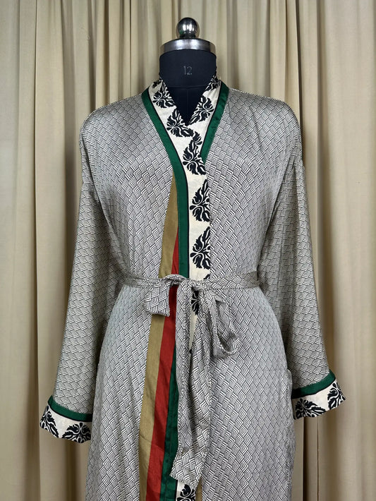 Recycle Silk Sari Women Kimono | Boho Chic Beach Cover Up Vintage Lounge Dressing Robe l Resort Wear Regal Gypsy House Robe, White Geometric