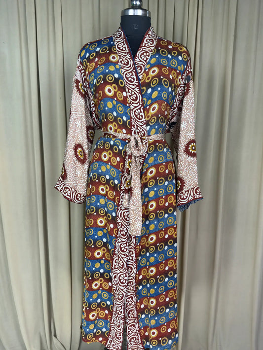 Recycle Silk Sari Women Kimono | Boho Chic Beach Cover Up Vintage Lounge Dressing Robe l Resort Wear Regal Gypsy House Robe, Brown Geometric