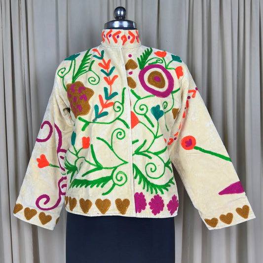 Boho Hand Embroidered Velvet Suzani Jacket Yellow Floral Open Front Coat Winter Wear Free Size Robe Retro Chic Free Size Robe Blazer for Her