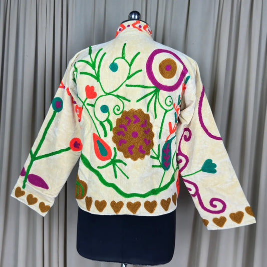 Boho Hand Embroidered Velvet Suzani Jacket Yellow Floral Open Front Coat Winter Wear Free Size Robe Retro Chic Free Size Robe Blazer for Her