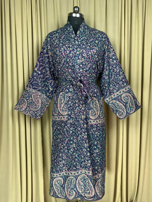 Yak Wool Blend Women Kimono Robe, Cozy Warm Winter Romance Loungewear, Green Paisley Cardigan House Coat with Pockets, Quirky Christmas Gift