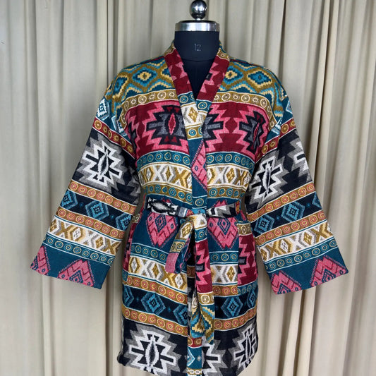 Wool Blend Women Kimono, Winter House Robe Warm Cozy Jacket Short Dressing Loungewear Geometric Cardigan, Handmade Mom Gift Someone Special