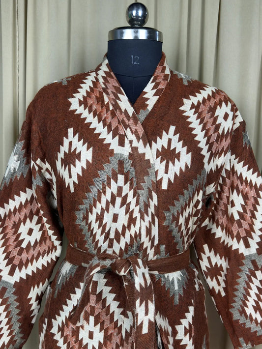 Yak Wool Blend Women Kimono Robe, Cozy Winter Romance Loungewear, Brown Diamond Print Cardigan House Coat with Pockets Quirky Christmas Gift