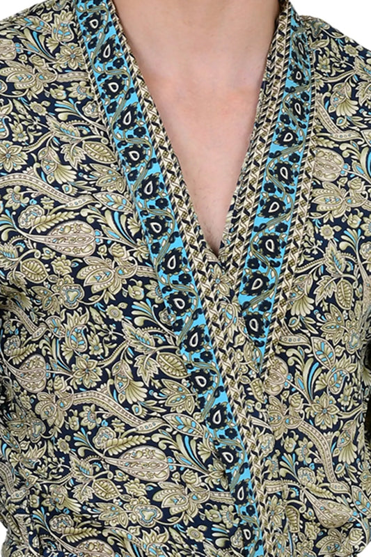 Boho Men's Soft Silk Kimono, Man Regal House Beach Robe, Floral Persian King Elegant Blue Beige Hues Beach Cover Up, Perfect Gift for Dad