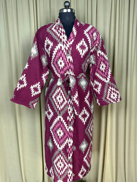 Yak Wool Blend Women Kimono Robe, Cozy Winter Romance Loungewear, Pink Diamond Print Cardigan House Coat with Pockets, Quirky Christmas Gift