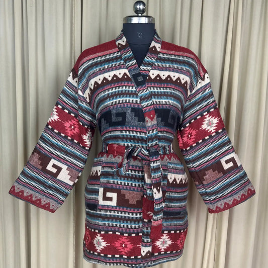 Wool Blend Women Kimono, Winter House Robe Warm Cozy Jacket Short Dressing Loungewear Geometric Cardigan, Handmade Mom Gift Someone Special
