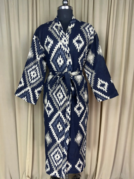 Yak Wool Blend Women Kimono Robe, Cozy Winter Romance Loungewear, Blue Diamond Print Cardigan House Coat with Pockets, Quirky Christmas Gift
