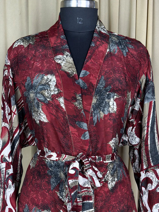 Recycle Silk Sari Women Kimono | Boho Chic Beach Cover Up Vintage Lounge Dressing Robe l Resort Wear Regal Gypsy House Robe | Red Floral