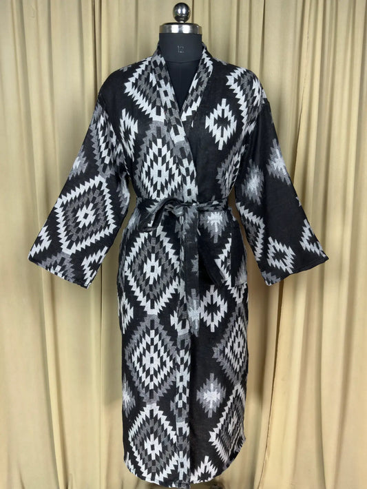 Yak Wool Blend Women Kimono Robe, Cozy Winter Romance Loungewear, Black Diamond Print Cardigan House Coat with Pockets Quirky Christmas Gift