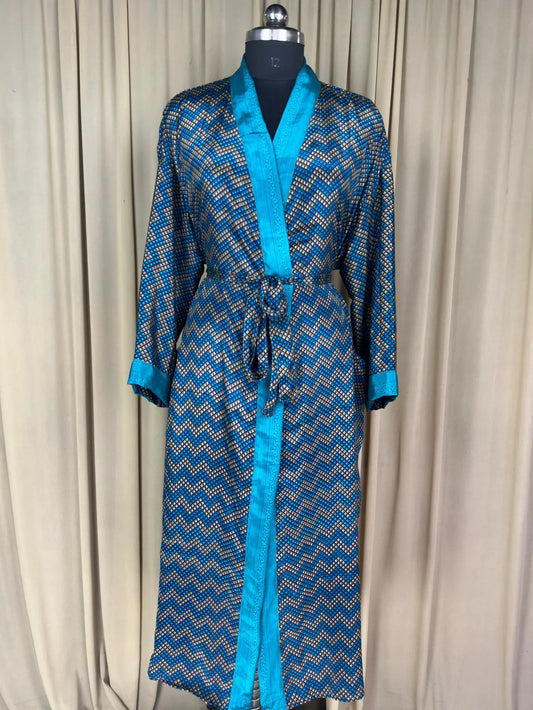 Recycle Silk Sari Women Kimono | Boho Chic Beach Cover Up Vintage Lounge Dressing Robe l Resort Wear Regal Gypsy House Robe, Blue Geometric