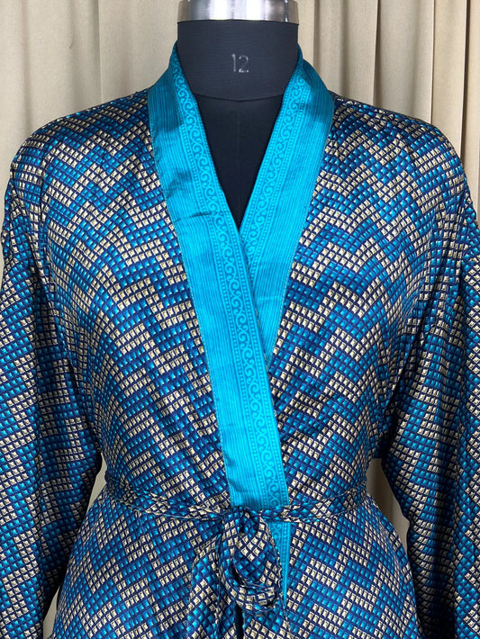 Recycle Silk Sari Women Kimono | Boho Chic Beach Cover Up Vintage Lounge Dressing Robe l Resort Wear Regal Gypsy House Robe, Blue Geometric