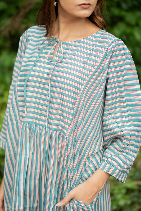 Cotton Midi Dress Stripe Hand Block Print | Boho Summer Sundress with Pockets, Artisan Style Beach Vacation Wear, Bridesmaid Gift for Her